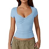 QINSEN Women's Sexy Twist Front V Neck T Shirts Double Lined Short Sleeve Slim Fit Crop Top Trendy Y2K Tops Tee