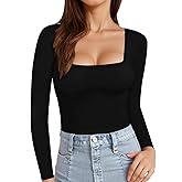 MANGOPOP Womens Square Neck T Shirts Long Sleeve Short Sleeve Tops Fitted Tees