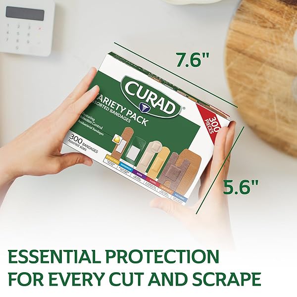 CURAD ASSORTED BANDAGES VARIETY PACK, 300 COUNT, 6 STYLES INCLUDING ANTIBACTERIAL, WATERPROOF, SHEER, PLASTIC, HEAVY DUTY & FLEX-FABRIC, PROTECTS SCRAPES, CUTS & BURNS, LATEX-FREE