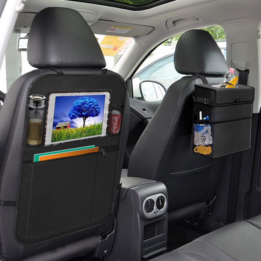 AVNICUD Car Garbage Can & Car Back Seat Organizer, Hanging Leakproof Car Trash Can, Car Seat Protector with Tablet Holder, Car Interior Accessory (2 Packs)