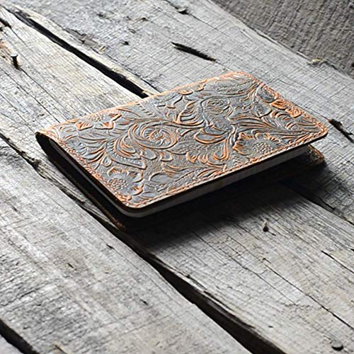 Distressed Leather Checkbook Journal Cover for Field Notes Moleskine Cahier Note book Pocket size 3.5 x 5.5 Vintage Refillable Notepad Flower Brown
