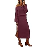MEROKEETY Women's Fuzzy 2 Piece Outfit Winter Long Sleeve Off Shoulder Pullover Top Midi Skirt Matching Lounge Sets