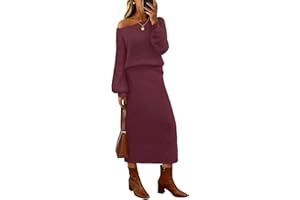 MEROKEETY Women's 2025 Fall Fuzzy 2 Piece Outfit Winter Long Sleeve Off Shoulder Pullover Top Midi Skirt Matching Lounge Sets