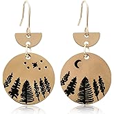 NONQL Handmade Retro Gold Minimalist Round Tree Geometric Dangle Drop Earrings Bohemian Vintage Carved Pine Tree Star Moon Dangle Drop Earrings for Women Jewelry Gifts