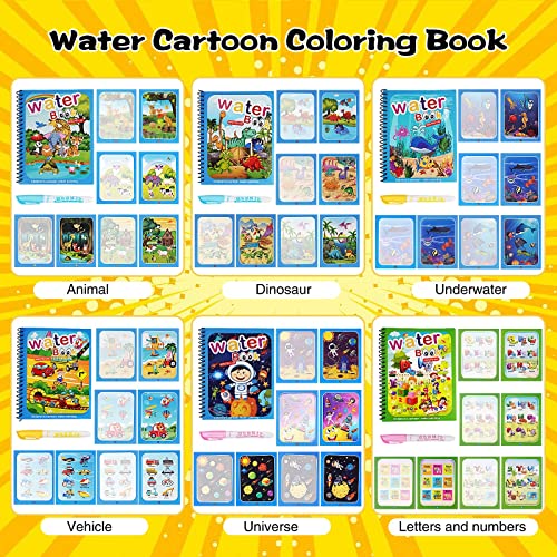 DMG TECH 6 Pack Water Coloring Magic Book, Magic Water Colouring Book with Pen, Toddlers Kids Reusable Painting Universe Coloring Book Boys Girls Educational Learning Toys Gifts