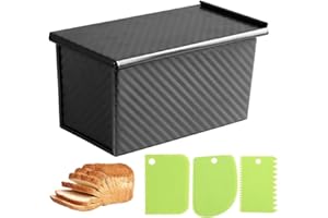 Spmarkt 1lb Bread Pan with Dough Scraper Cutter, 8.4 X4.8inch Black Bread Loaf Pan, Rectangular Covered Metal Pullman Loaf Pa