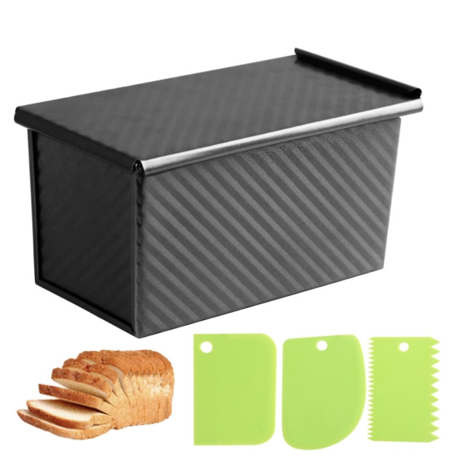 Photo 1 of 1lb Bread Pan with Dough Scraper Cutter, 8.4 X4.8inch Black Bread Loaf Pan, Rectangular Covered Metal Pullman Loaf Pan with Lid for Homemade Sandwich Bread
