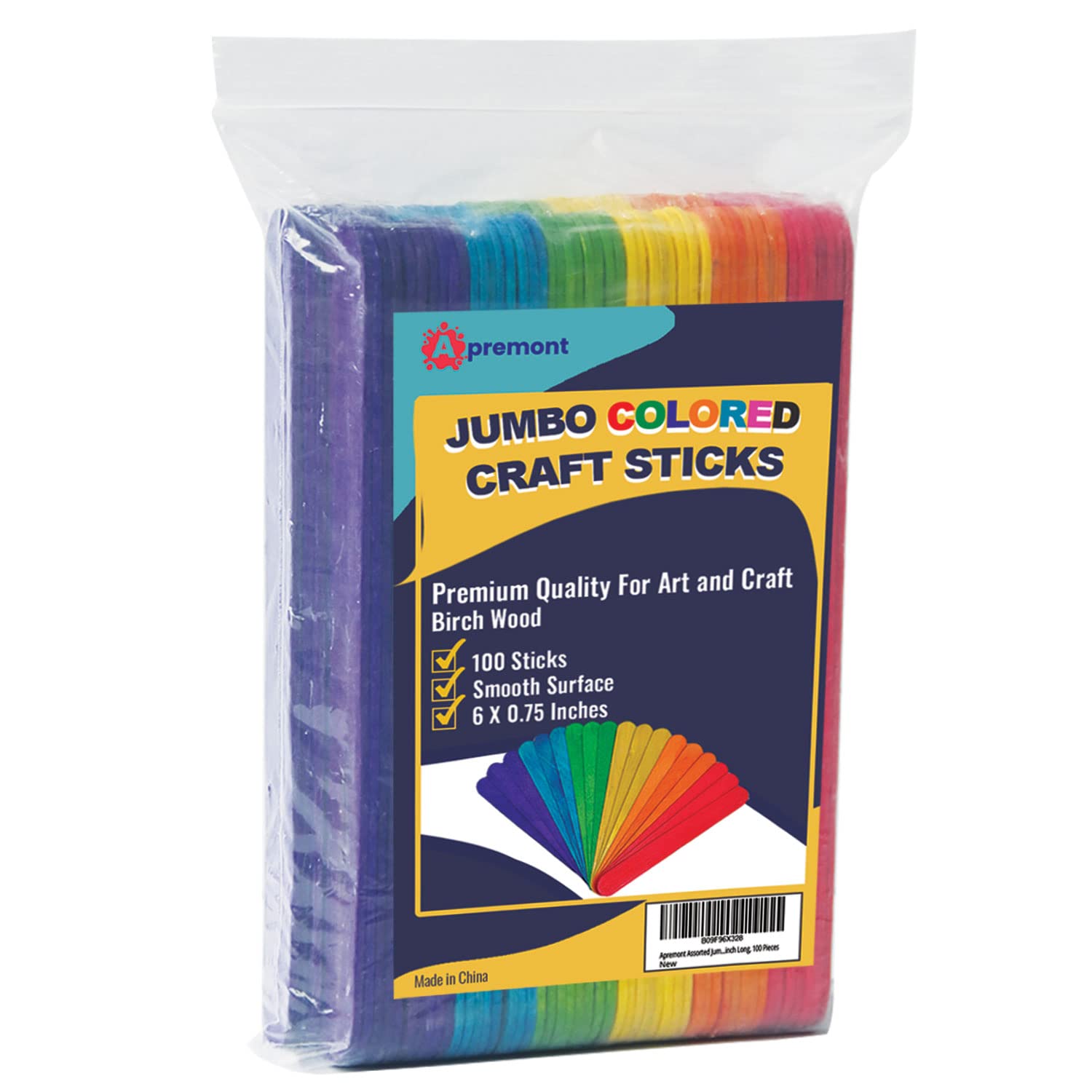 Apremont 100 Pieces Assorted Jumbo Colored Wooden 6 Inches Long Craft Sticks, Rainbow Popsicle Stick, Arts and Crafts, Best for DIY Games Making, Building Designs or Kids Education