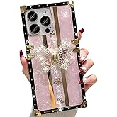 Changjia Glitter Butterfly Stand Case for iPhone 16 Pro Max, Cute Luxury Bling Sparkly Floral with Foldable Kickstand TPU Bumper Shockproof Protective Case for Women Girls for iPhone 16 Pro Max, Pink