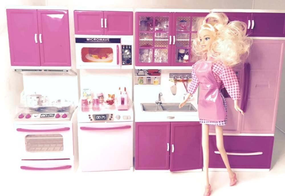 Pink Princess Full Modern Kitchen Set w/11,5" Doll ! Stove Refrigerator Microwave Toy Doll Kitchen Playset w/ Light, Sound, Accessories Miniature Kitchen Battery Operated