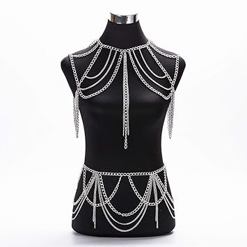 Chlyuan BH-Kette Damen Luxus Sexy Bikini übertrieben Schultern Heavy Metal Texture Quaste Halskette Körperkette (2 Farben) Se