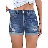 FEKOAFE 2026 Womens Casual Mid/High Waisted Denim Shorts Summer Stretchy Ripped Jean Shorts for Women