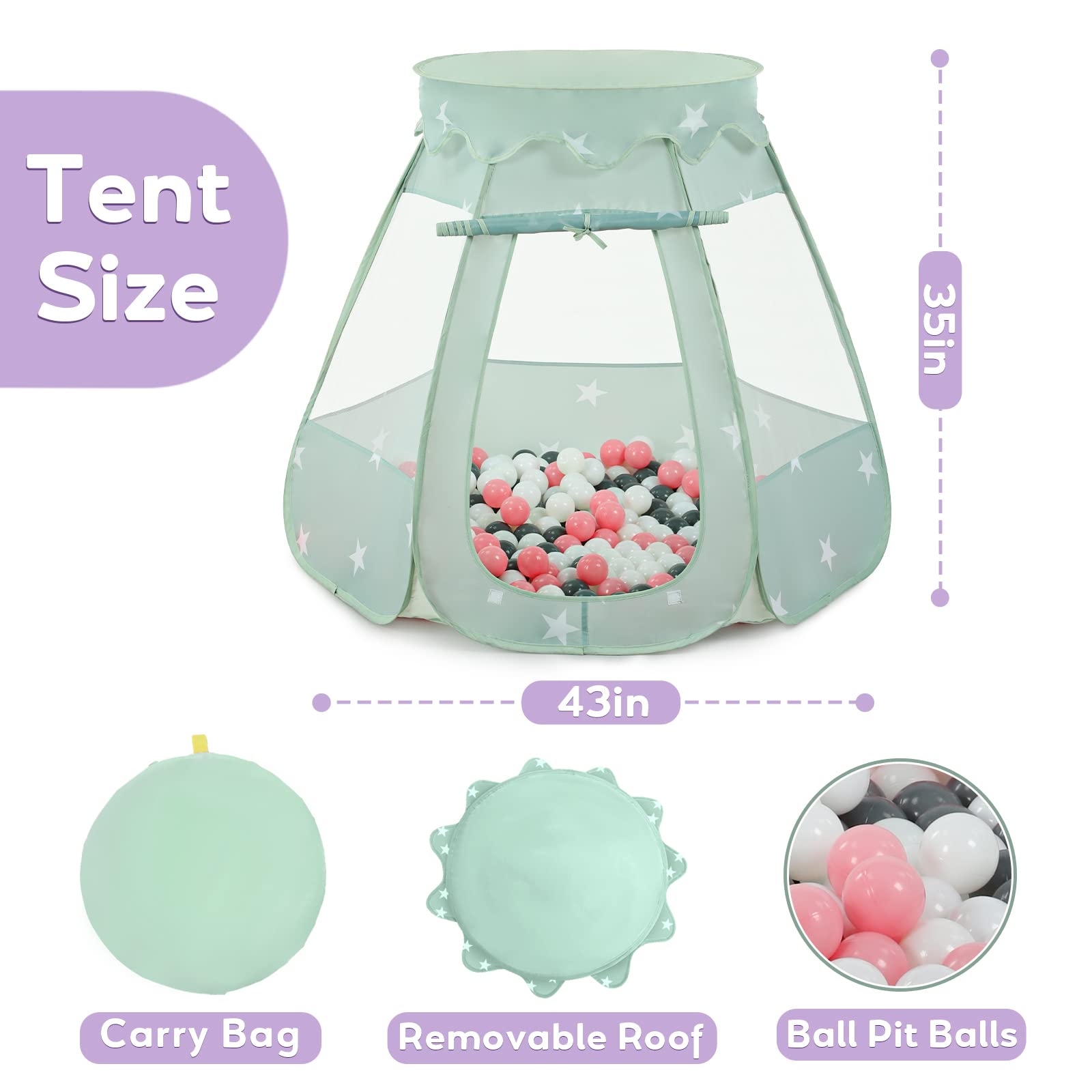 Wilhunter Baby Ball Pit Tent with 50 Balls - For Toddlers, Pink/White/Gray Princess Playhouse with Carry Bag, 109x90cm