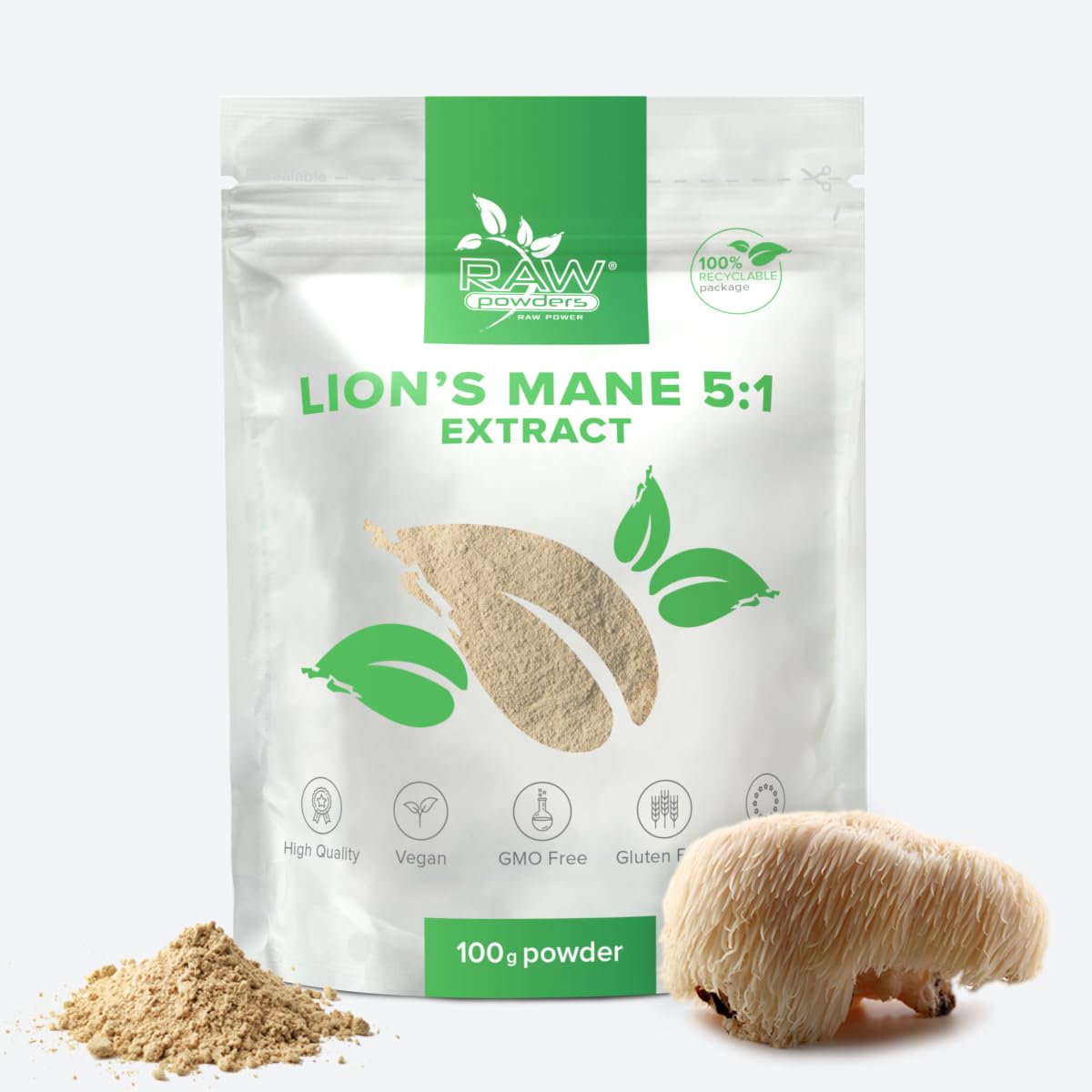 Lion's Mane 100 Grams 5:1 Extract – Lion's Mane Mushroom Vegan Supplement – for Brain Performance and Focus – Nervous System, Heart Health and Overall Health Support by Raw Powders
