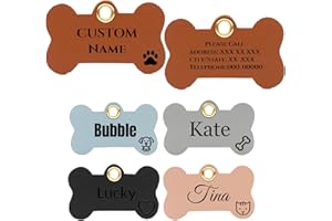 Pet ID Tags, Custom Bone Shape Cats Dogs ID Tags, Personalized Engraved Dog and Cat Leather Tags, Laser Engraved Name, Phone 
