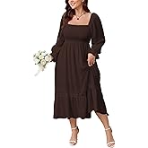 SCOMCHIC Womens Plus Size Fall Dresses Long Sleeve Square Neck Wedding Guest Smocked Flowy Boho Country Western Maxi Dress