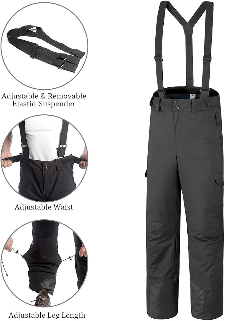 Przewalski Men's Snow Ski Bib Pants 10000mm Waterproof Insulated Snowboard Trousers with Detachable Bib : Clothing