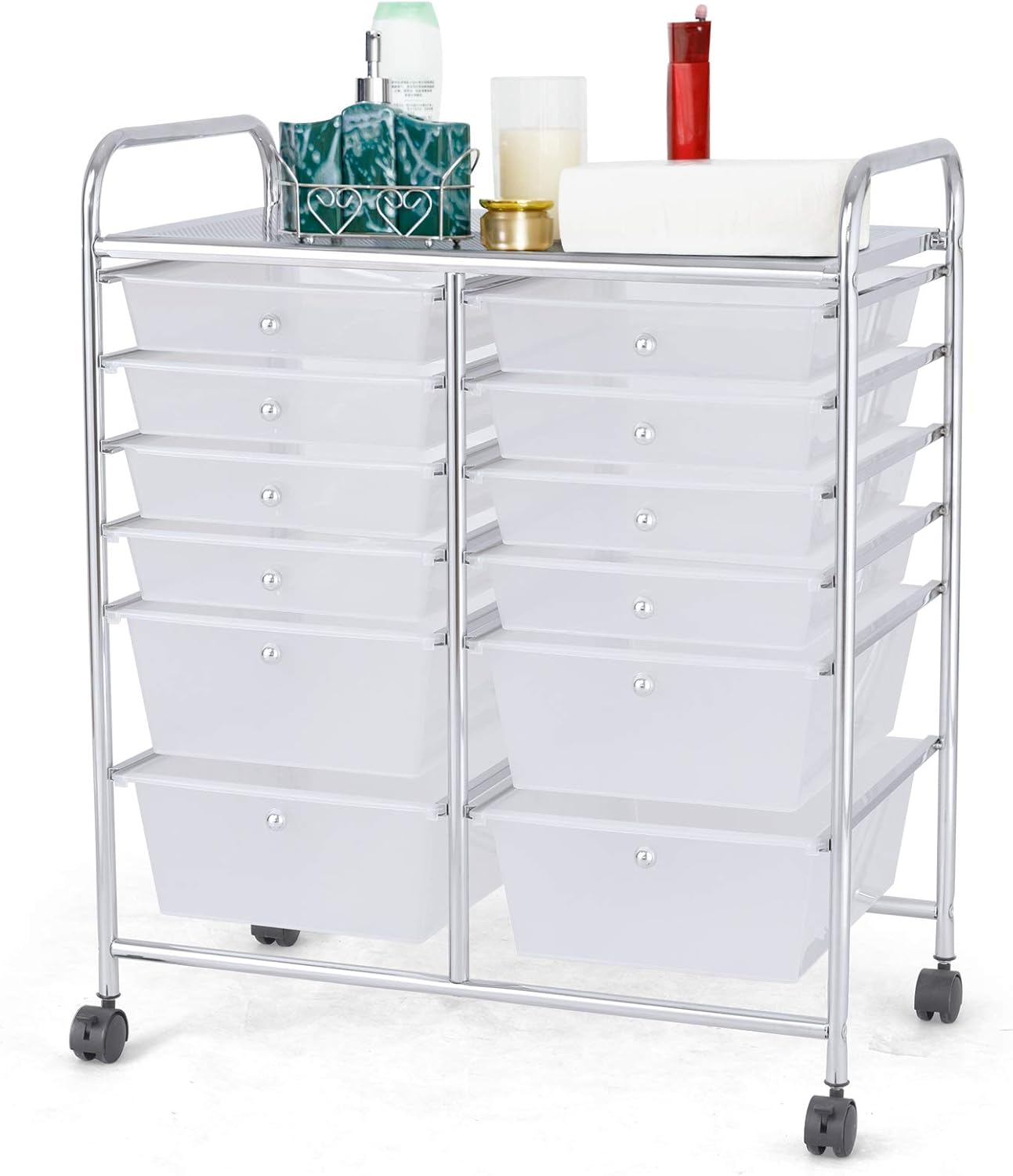 RELAX4LIFE Storage Cart W/12 Drawers Rolling Wheels SemiTransparent Multipurpose