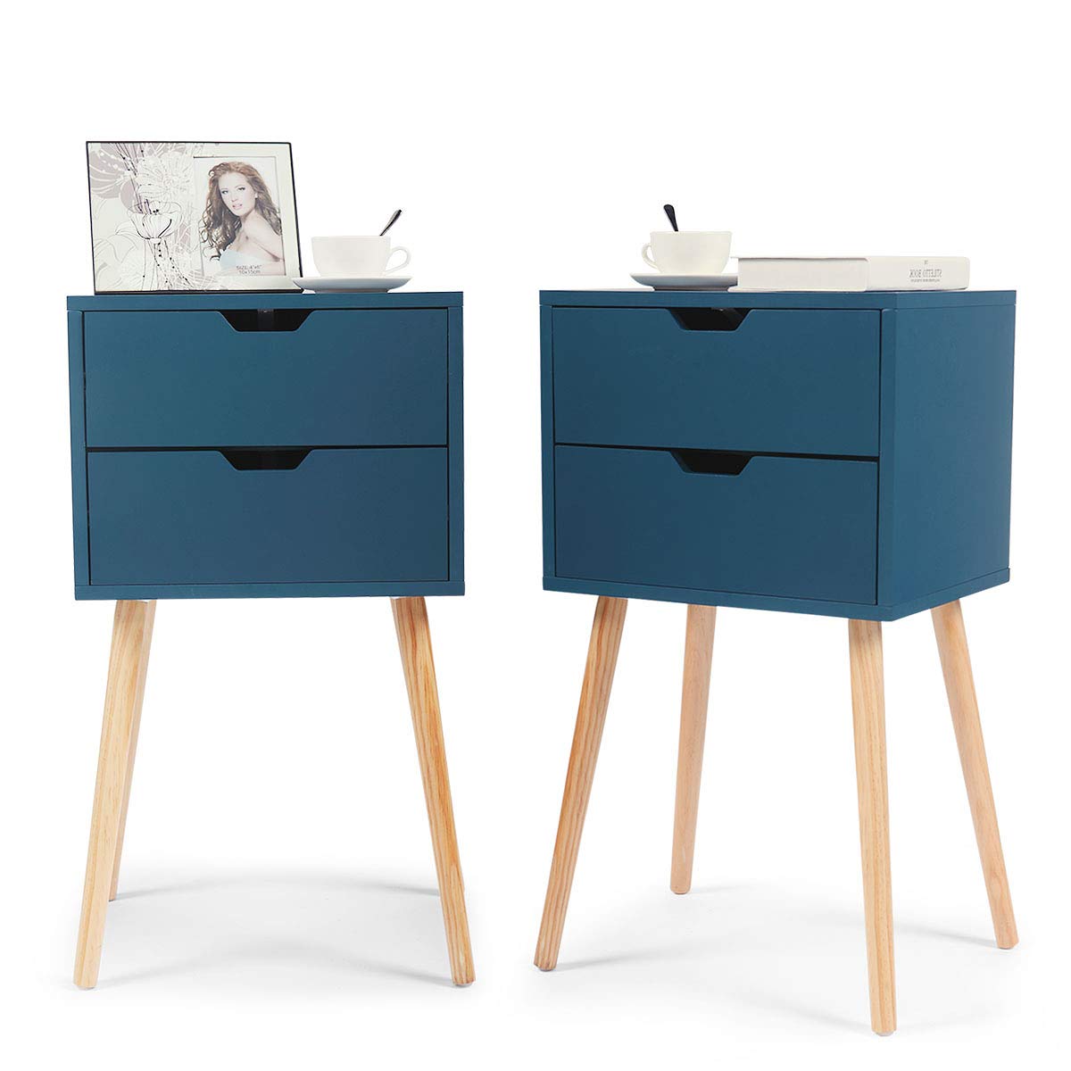 Jaxsunny Set Of 2 Nightstand Accent Bedside End Table Storage Wood Cabinet Bedroom W 2 Drawers Blue 28 Inch Tall Amazon In Home Kitchen