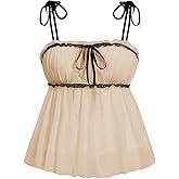Verdusa Women's Plus Size Contrast Lace Babydoll Top Tie Shoulder Peplum Bustier Cami Top 2000s Clothing