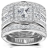 Hiyong Princess Cut Wedding Rings Set - Square Cluster CZ Enhancer Guard 3pcs Halo Bridal Bands Size 6-9 (11)