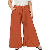 Moon Wood Plus Size Wide Leg Pants Woman High Waisted Palazzo Flowy Pants with Pockets Trendy Casual Summer Pants