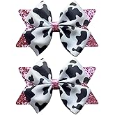 2Pcs Cow Print Hair Bow Clips for Girls,Cute Moo Cow Hair Barrettes Hand-made Grosgrain Ribbon Hair Bows Pink Cow Bow Alligator Clips Hair Accessories for Toddlers Baby Little Girls Kids Teens