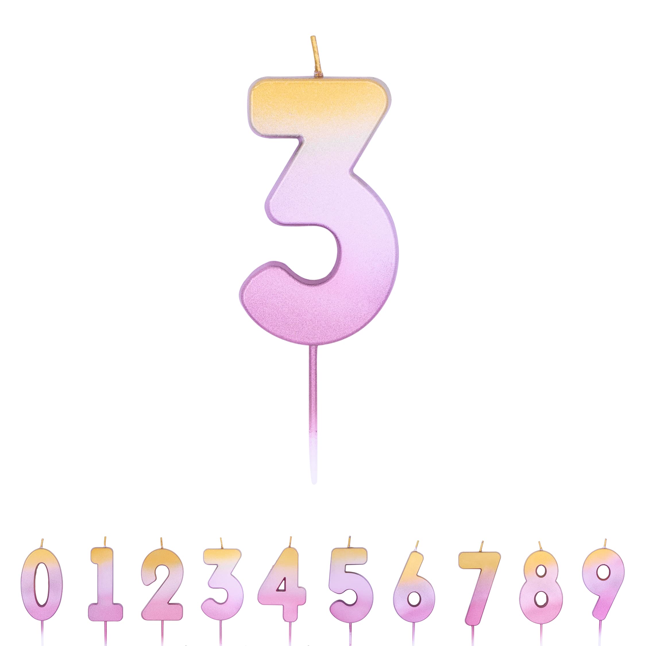 Pioneer Party Candle, Age Three Cake Candle, 3rd Third Birthday Candles, 15853, Rose Gold Ombre