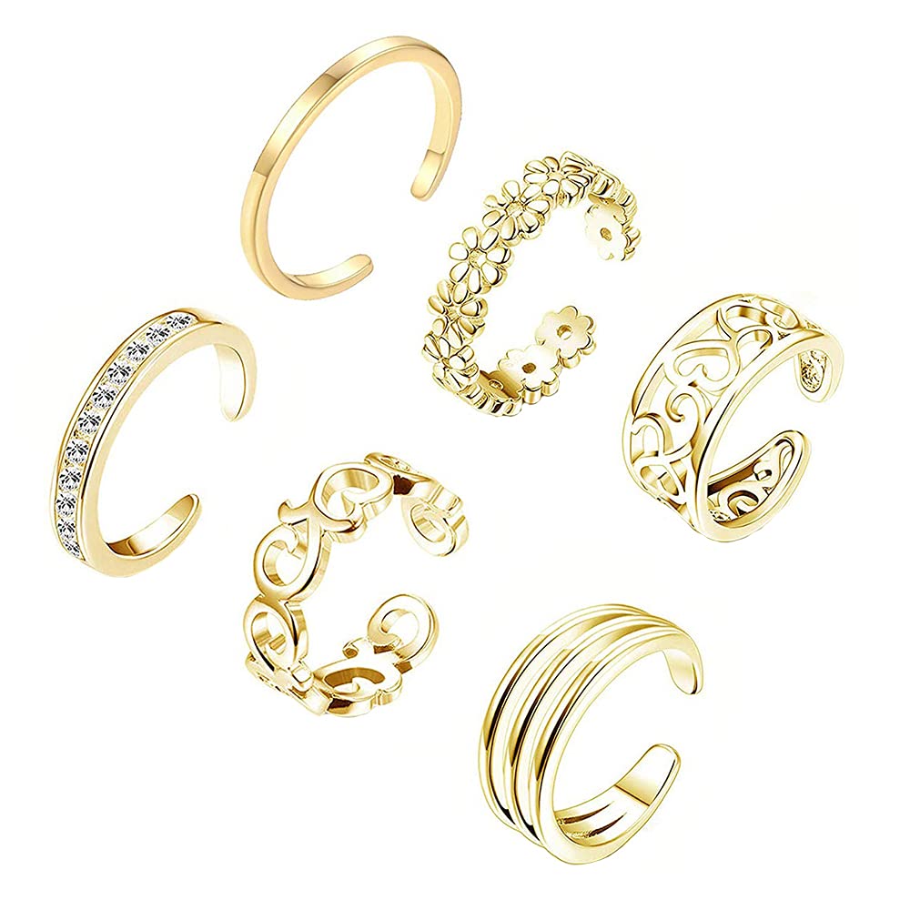 Colrid 6 Piece Toe Rings, Tail Rings, Adjustable Open Ring, Adjustable Rings, Knuckler Ring, Open Toe Rings, for Women and Girls (Gold), Copper, Copper