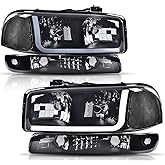 PIT66 LED DRL Headlights Assembly Fit 1999-2006 GMC Sierra | Fit 99-06 Yukon/00-06 Yukon XL Smoky Lens, Black Housing, Clear Reflector, Driver &amp; Passenger Side, faros delanteros