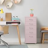 HollyHOME 5 Drawers Mobile Filing Cabinet Metal with Wheels Light Pink view 7