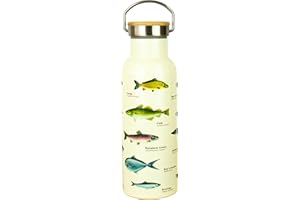 Gift Republic Fish Design Double Walled Flask – Stainless Steel Hot & Cold Water Bottle – 500ml Leakproof BPA-Free with Wood 