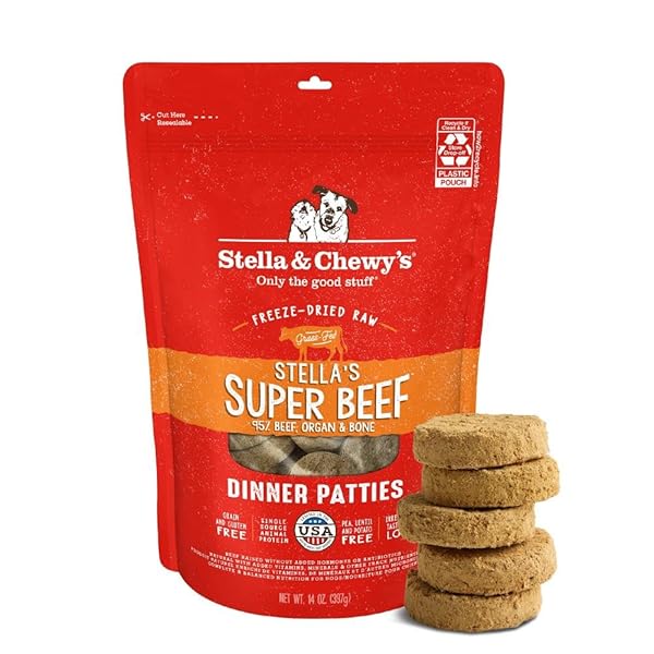 STELLA & CHEWY’S FREEZE-DRIED RAW DINNER PATTIES – BEEF RECIPE – HIGH PROTEIN GRAIN-FREE PUPPY & DOG FOOD – PERFECT FOR PICKY EATERS – 14 OZ