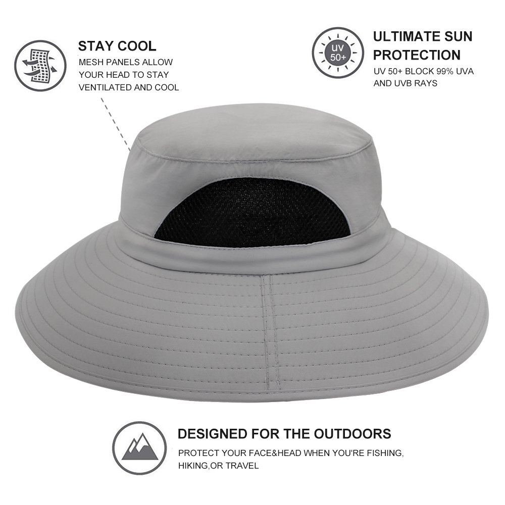 Hippih Waterproof Sun Hat Outdoor UV Protection Bucket Mesh Boonie Hat Adjustable Fishing Cap (Grey)