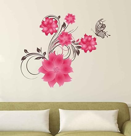 Decals Design Pink Flowers Leaves and a Butterfly for Nature Lovers Wall Sticker (PVC Vinyl, 50 cm x 70 cm x 1 cm)