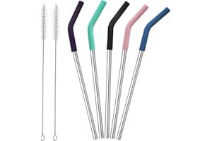 Senneny Set of 5 Stainless Steel Straws with Silicone Flex Tips Elbows Cover, 2 Cleaning Brushes and 1 Portable Bag Included (Silver)- 8mm diameter