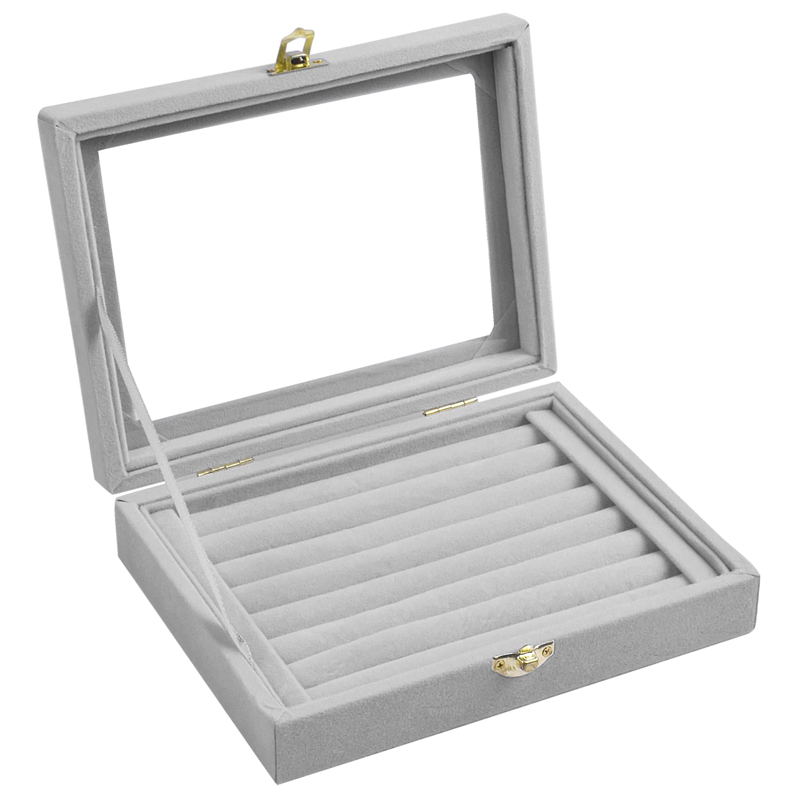 Pinsheng 7 Slot Velet Jewellery Box, Ring Earring Box with Clear Lid, Lockable Jewellery Storage Case for Necklace Bracelets Earrings Rings(Grey)