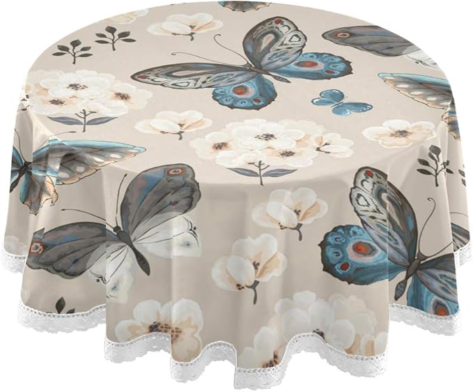 Unimagic 60" Round Tablecloth Vintage Butterfly Flower