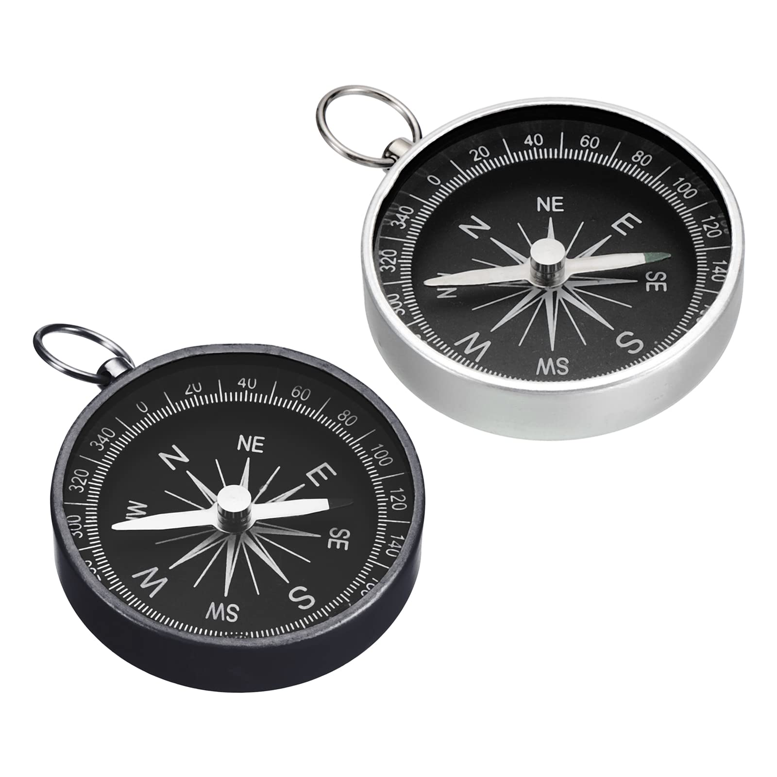 PATIKIL Pocket Compass, 2 in 1 Set Survival Sports Navigation Compass with Key Ring for Outdoors Camping Hiking, White Black