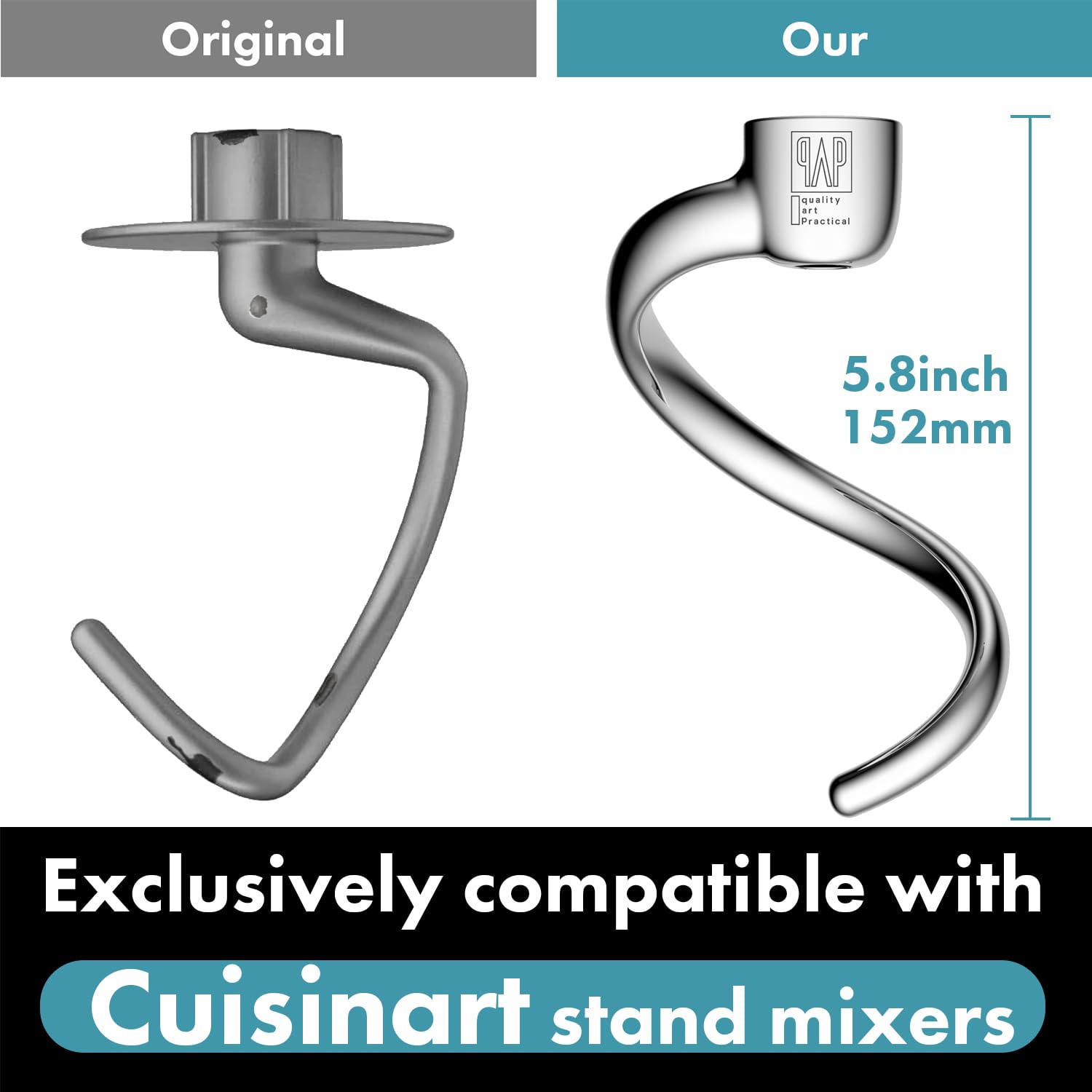 qAp Quality Art Practical Spiral Dough Hook Replacement for Cuisinart 5.5-Quart Stand Mixer/Polished 18/8 Stainless Steel Accessories/No coating/Dishwasher Safe