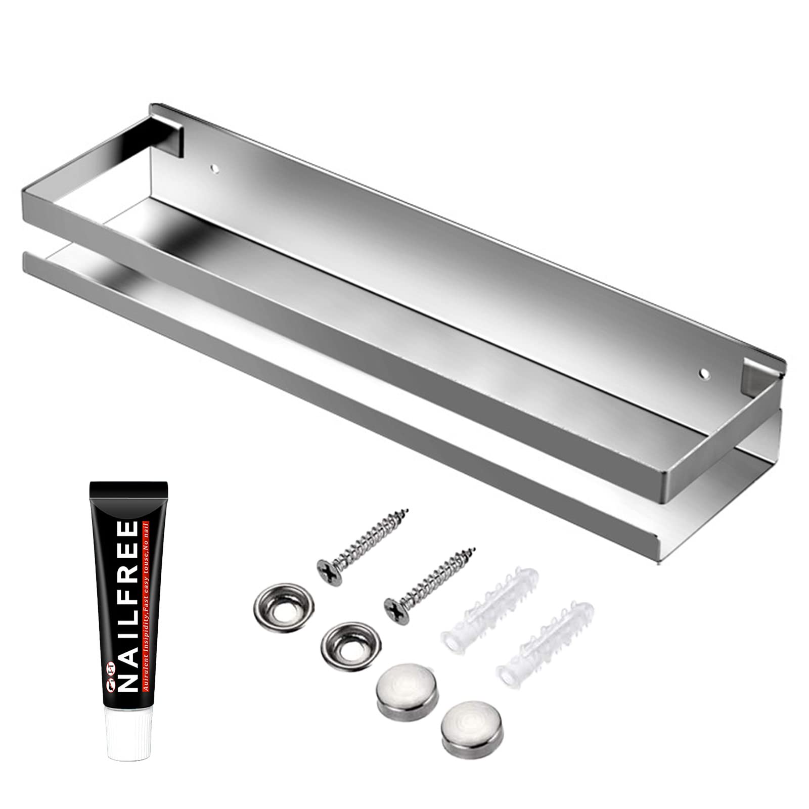 Rustproof Metal Storage Floating Shelf Wall Mounted Rectangular Shelf Bedroom, Bathroom, Living Room, Kitchen and Laundry Room, Nail Free Floating Shelf Wall Mounted Storage Shelf (40cm Silver)