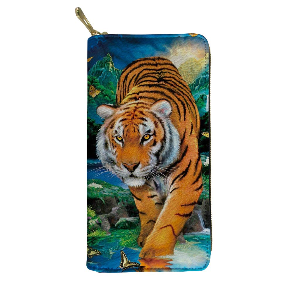 HUGS IDEA Moonlight Tiger Women's Leather Wallet Travel Long Purse Clutch Organizer Zippered Cell Phone Holder Coin Pouch
