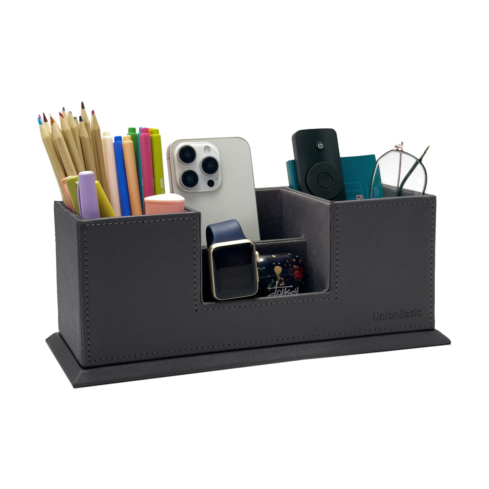 UnionBasic Dual Pencil Holder - Leatherette Desk Organiser Card Pencil Mobile Phone Office Supplies Holder Organizer, Grey
