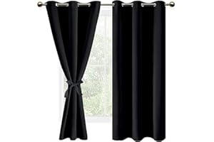 DWCN Black Blackout Curtains for Bedroom Sewn with Tiebacks - Thermal Insulated Light Blocking Grommet Window Curtains for Living Room, 42 x 63 inch Length, Set of 2 Drape Panels