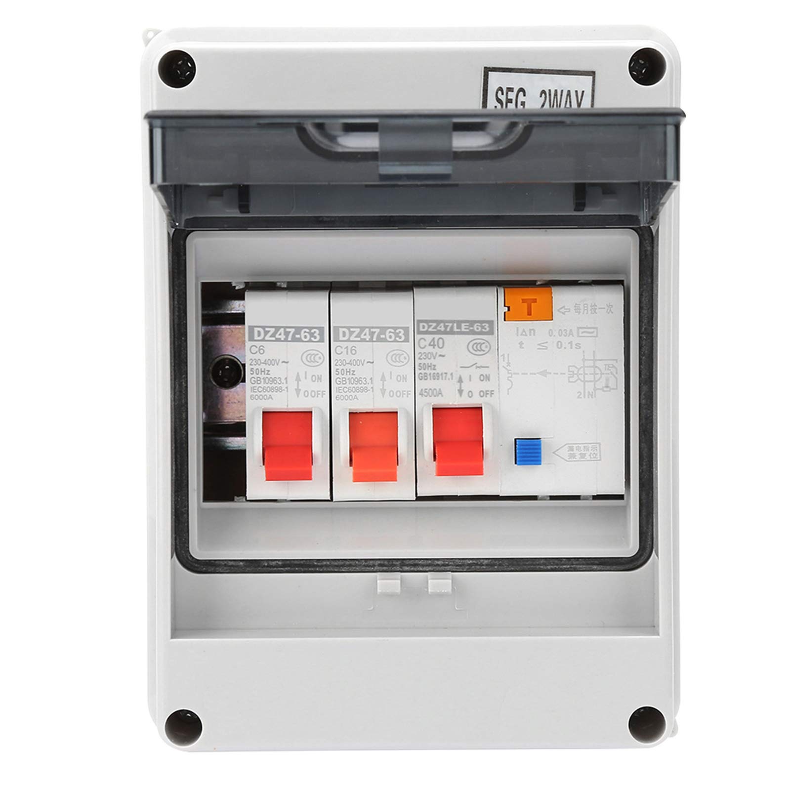 2 Way Consumer Unit Circuit Breaker Panel IP65 Waterproof Garage Electrical Box with 40A 30mA RCD and 2 Pole MCBs 6A 16A for Caravan Workshop Outbuilding Shed Garden Storage