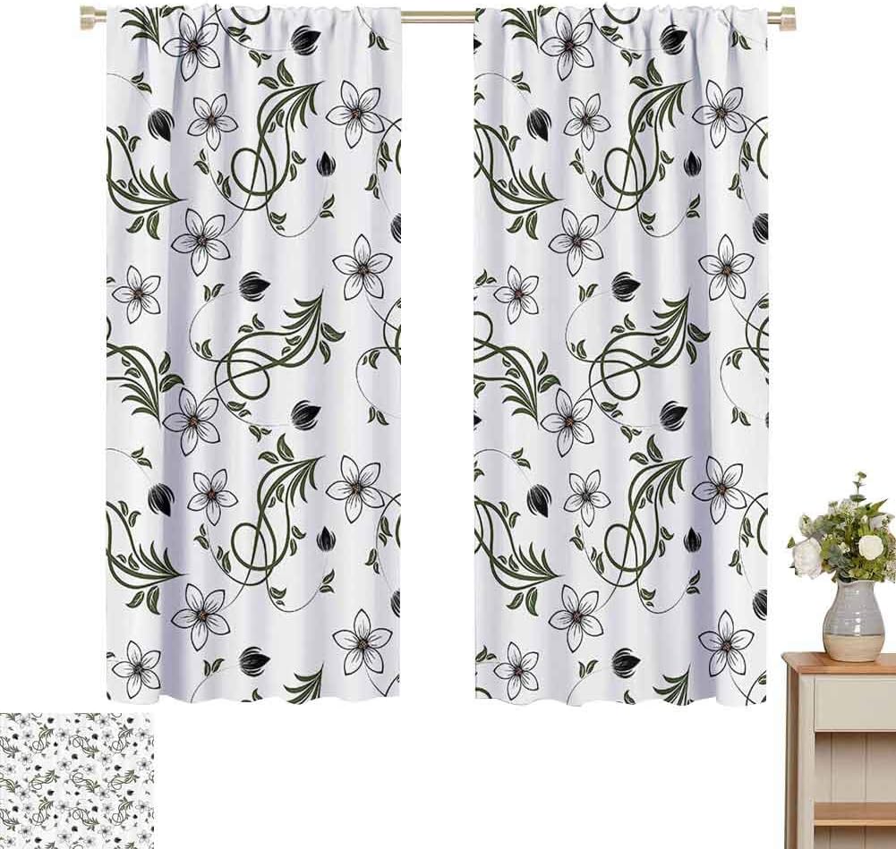 House Decor Collection Soundproof Curtains for Bedroom Flower Buds Blooms Branches Leaves Swirl Springtime Flourish Curl Doodle Image for Window Curtains Valances W72 x L62 Inch Green Black White