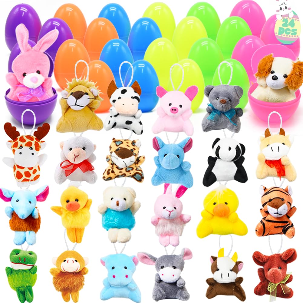 WODMAZ 24 PCS Easter Eggs Filled with Plush Animal Toys, Mini Stuffed Animals Plush Keychain Set for Kids Easter Party Favors, Easter Basket Stuffers Fillers, Easter Egg Hunt