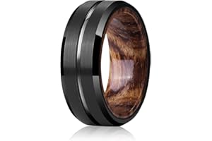 CARITATE Mens Wedding Band Tungsten Rings: 8mm Black Tungsten Rings for Men Wood Wedding Ring Band for Man - Silver Ring for Men Wedding Bands for Women Wood Promise Rings for Him