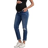 Leovqn Women's Maternity Jeans Comfy Stretch Boyfriend Jean Over Belly Ripped Denim Pregnancy Pants