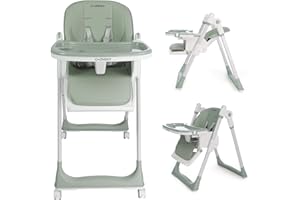 Cochildor 3-in-1 Foldable High Chair for Babies & Toddlers – Adjustable Height, Reclining Seat, 5-Point Safety Harness, Removable Tray, Lockable Wheels, Washable Cushion – Portable & Easy Clean, Green